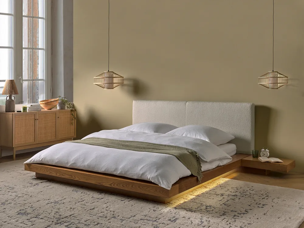 Bett mit LED Bouclé ZEN 160 x 200 cm LED Naturfarbene Esche