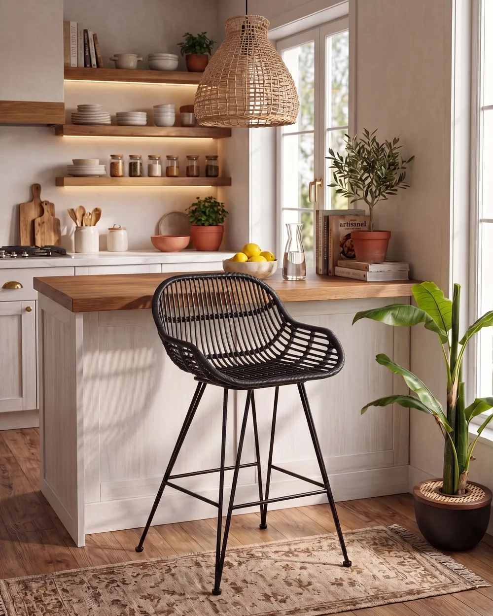 Set mit 2 Barstühlen TERRELL Rattan Schwarz_1086641
