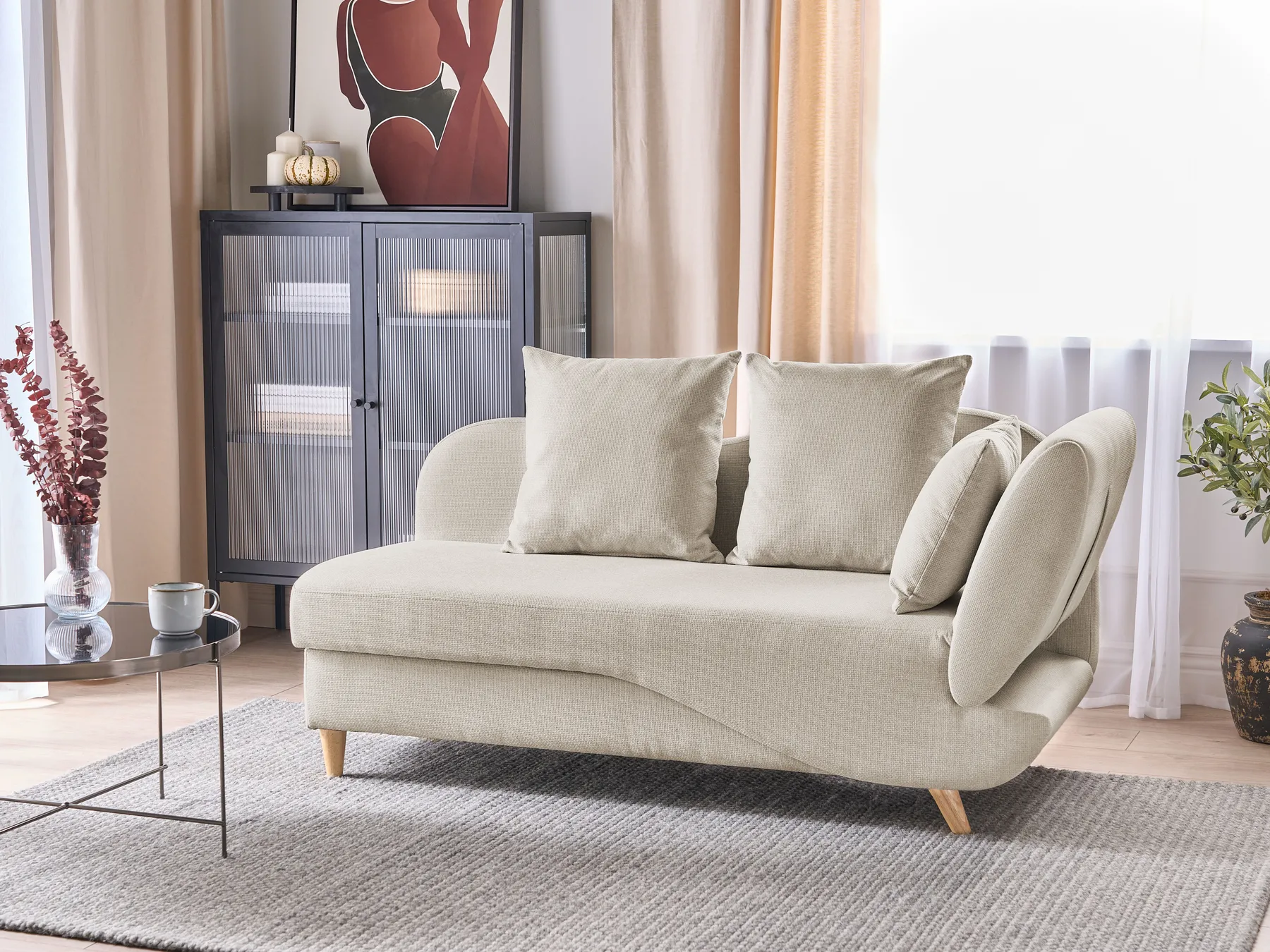 Right-Hand Chaise Longue MERI with Storage Faux Linen Beige_881276