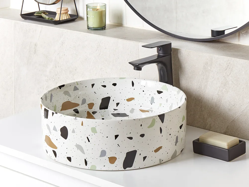 Aufsatzwaschbecken NULES ⌀ 40 cm Keramik Terrazzo Optik Terrazzo Weiß
