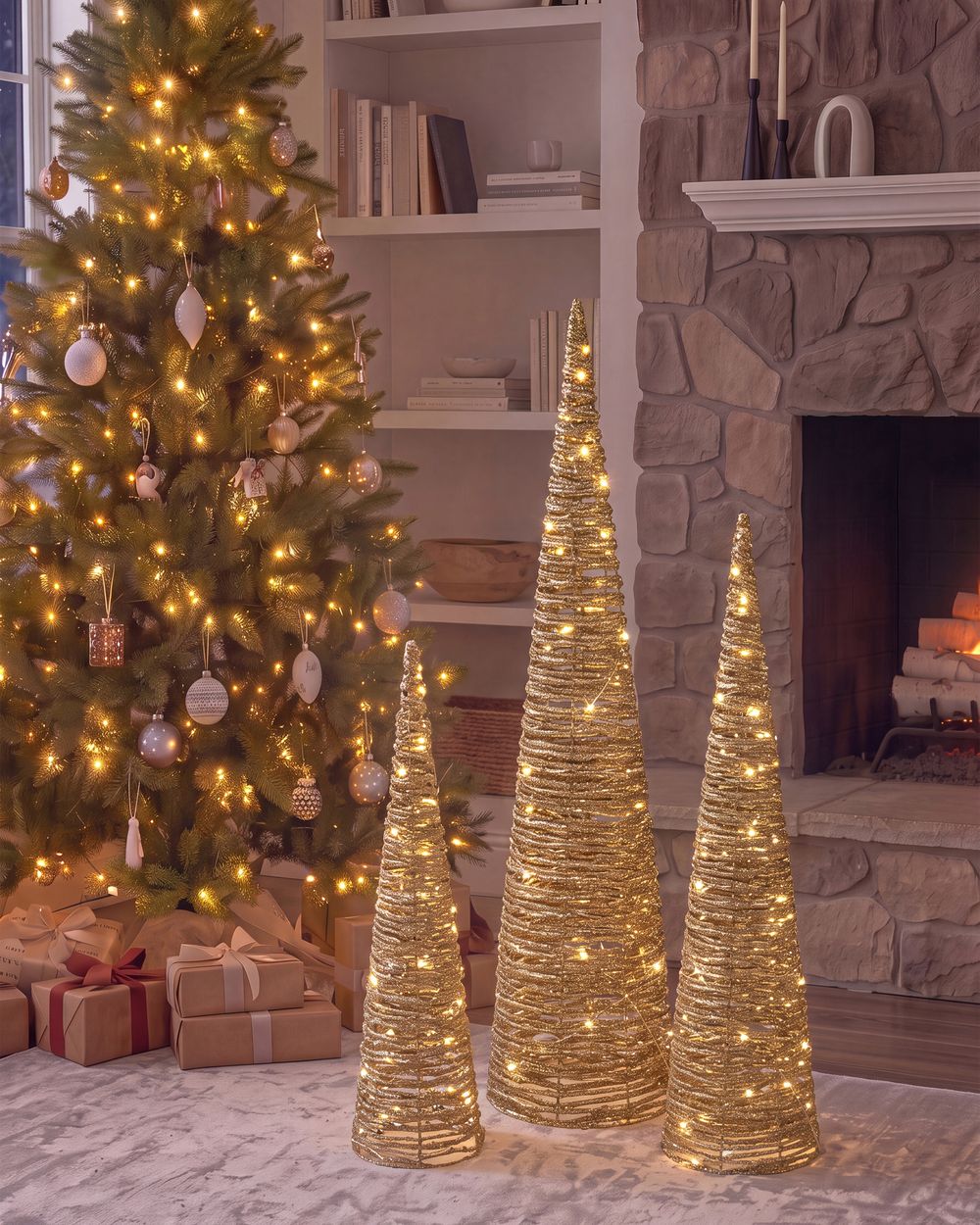 Set van 3 kerstdecoraties LED TUELSO 60/80/100 cm Kerstboom Goud