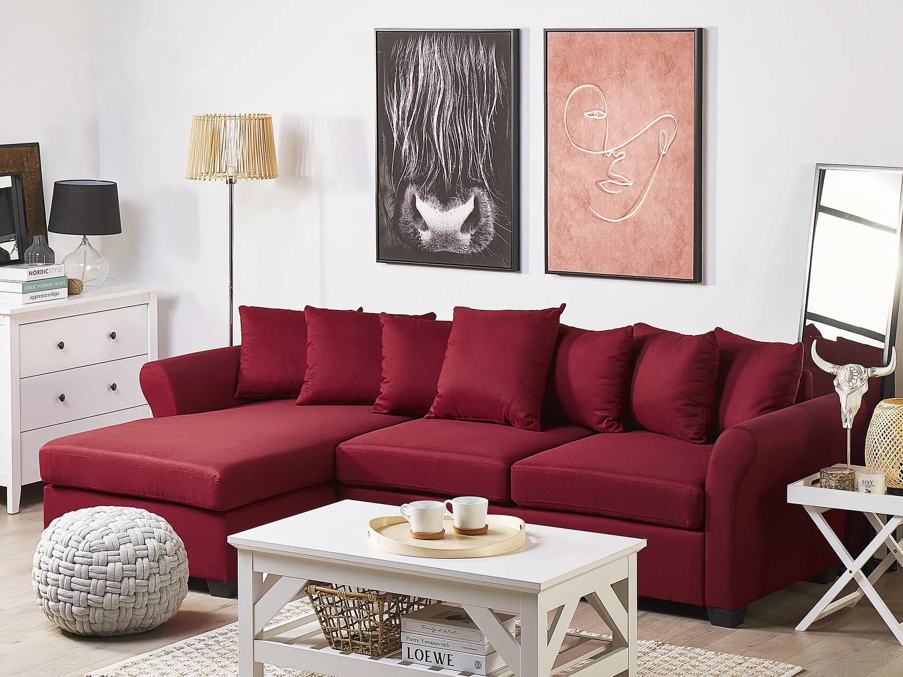 Corner Sofa 3 Seater VIKNA Fabric Dark Red Right Hand_786593