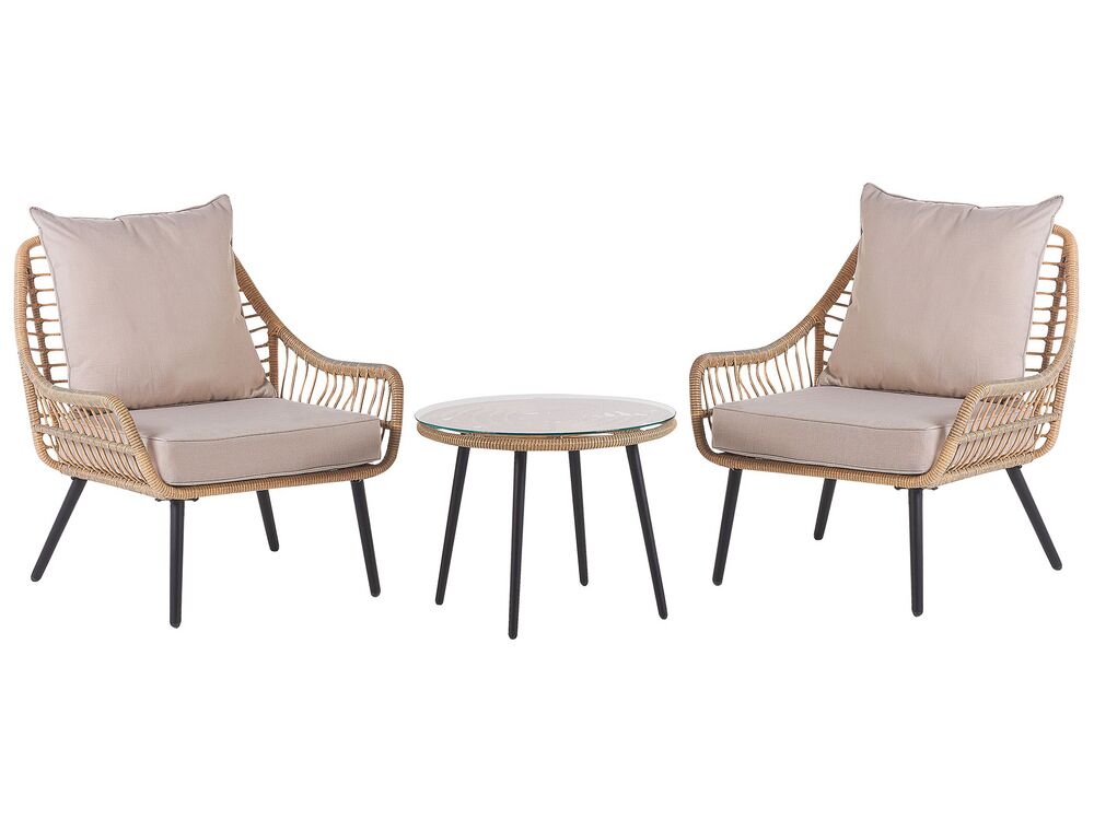 Bistro Set with Cushions LAURETO PE Rattan Natural