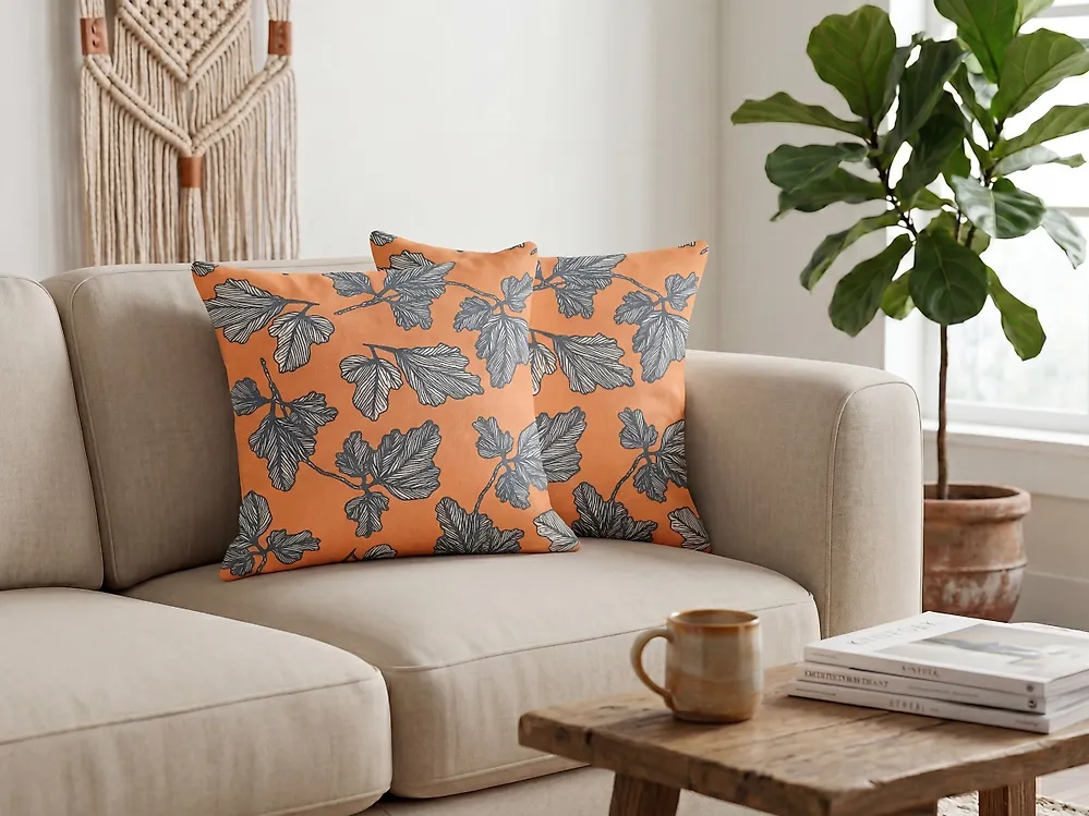 Set of 2 Decorative Cushions SPIREA 45 x 45 cm Orange Black Plant Pattern_1182477