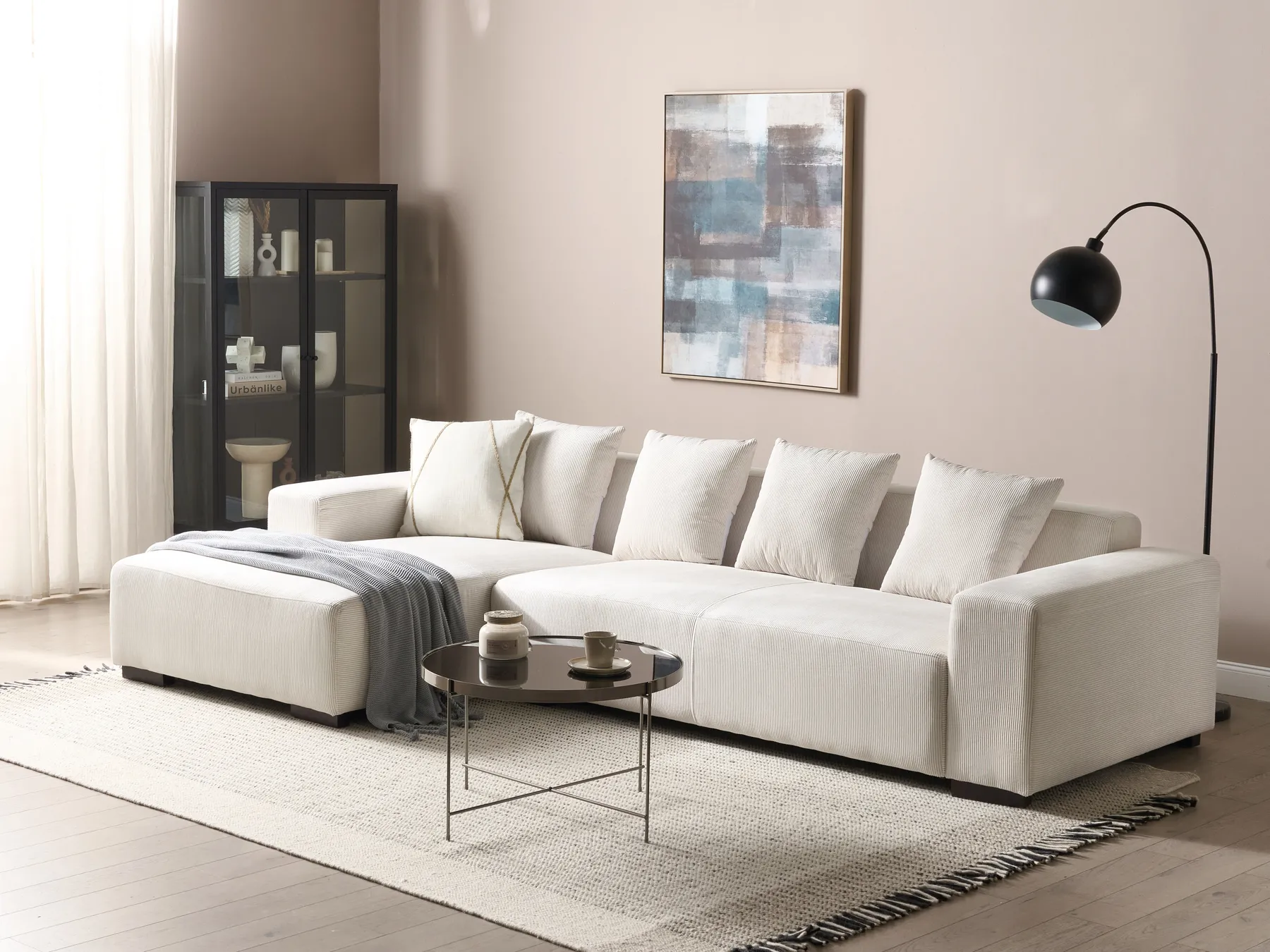 Corner Sofa 4 Seater LUNGO Corduroy Off-White Right Hand_898349