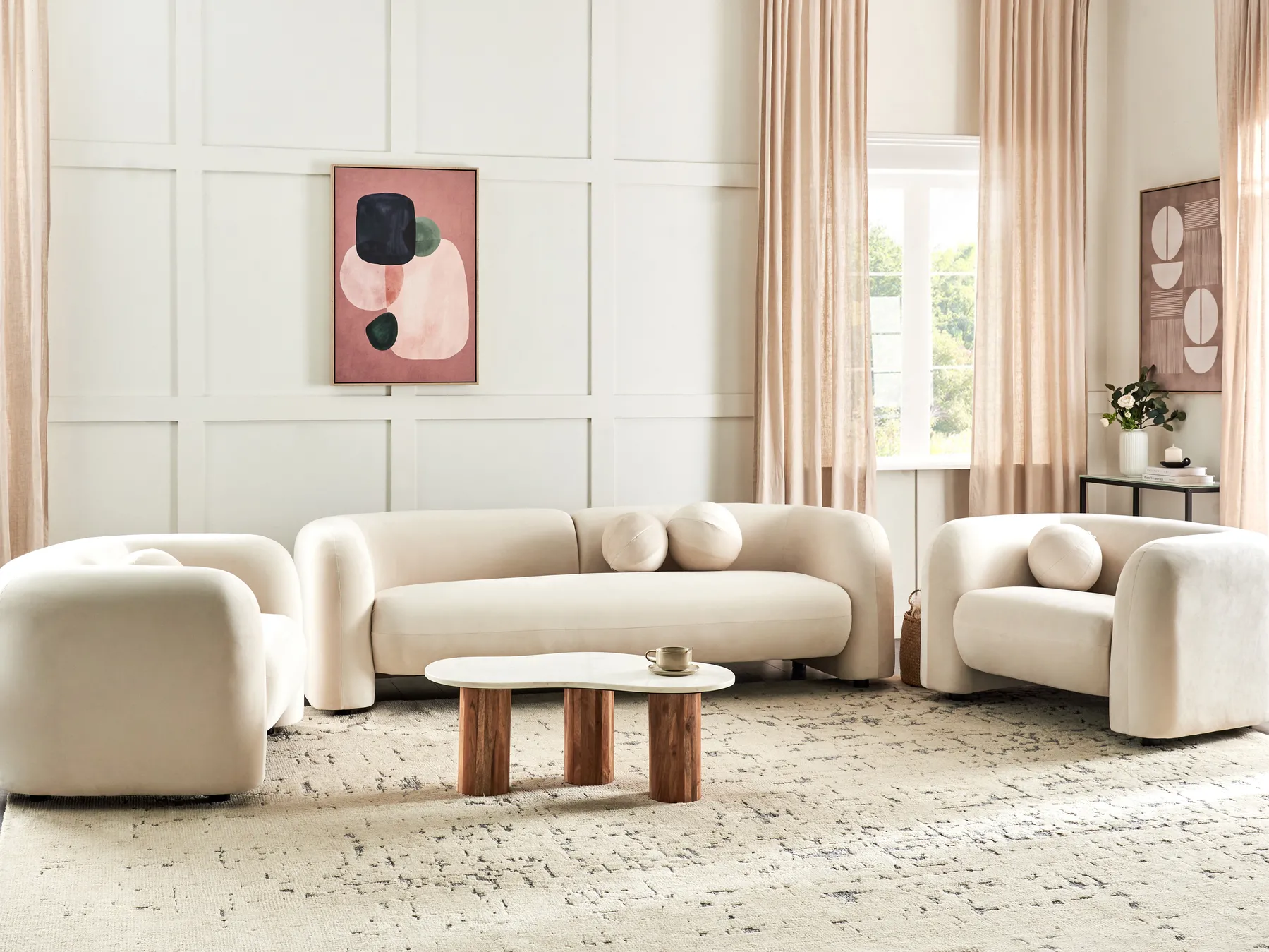 Living Room Set 5 Seater LEIREN Velvet Off-White_920768