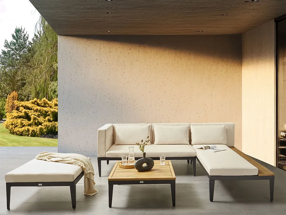 Garden Lounge Set with Table and Ottoman 3 Seater BRACCIANO Certified Acacia Wood Light Beige Left Hand_1166669