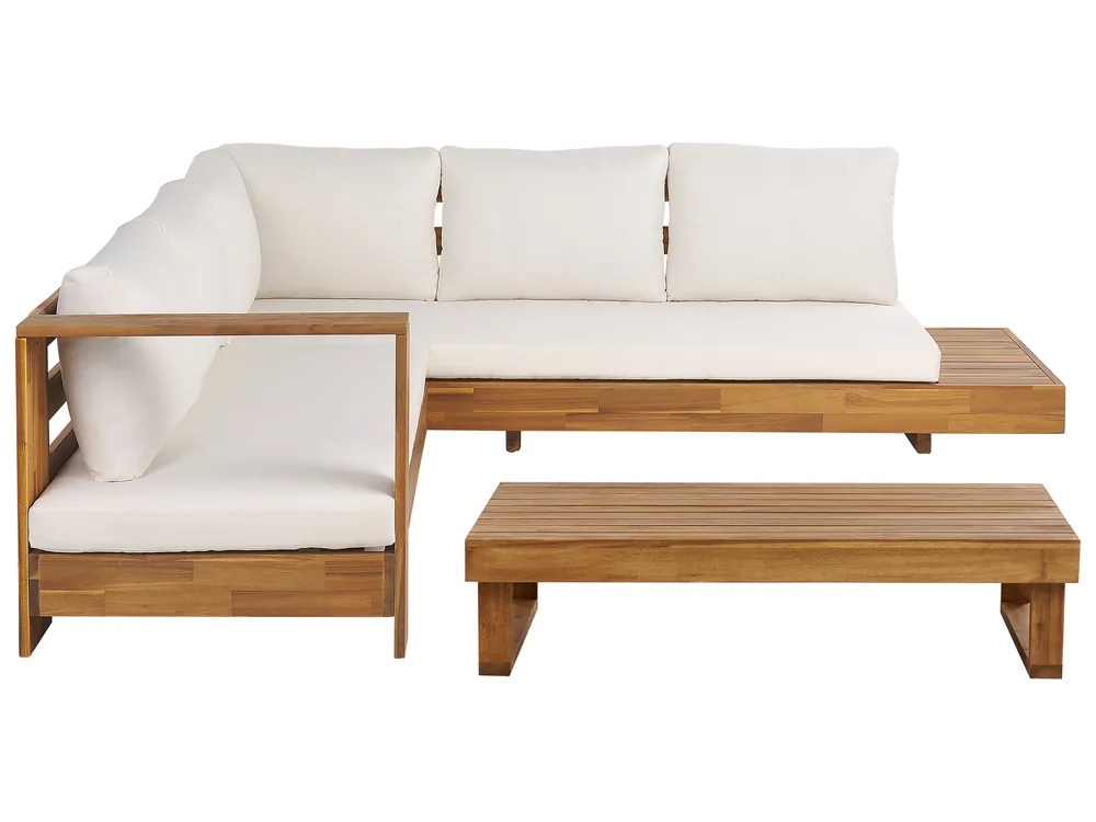 Garten Ecksofa mit Tisch 5-Sitzer MARETTIMO zertifiziertes Akazienholz Cremeweiß rechtsseitig