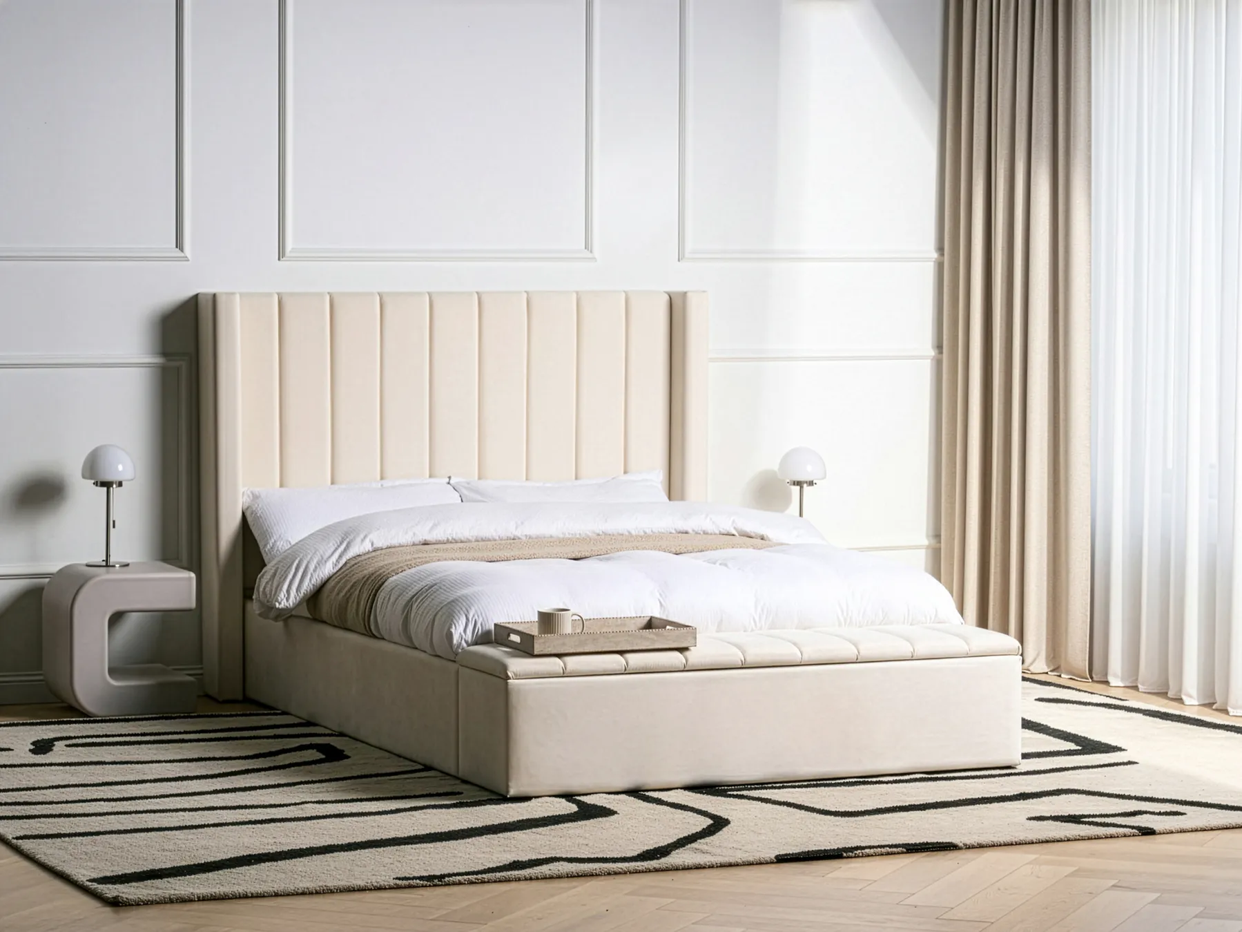 Bett mit Stauraumbank NOYERS Samtstoff Cremeweiß 140 x 200 cm_1036497