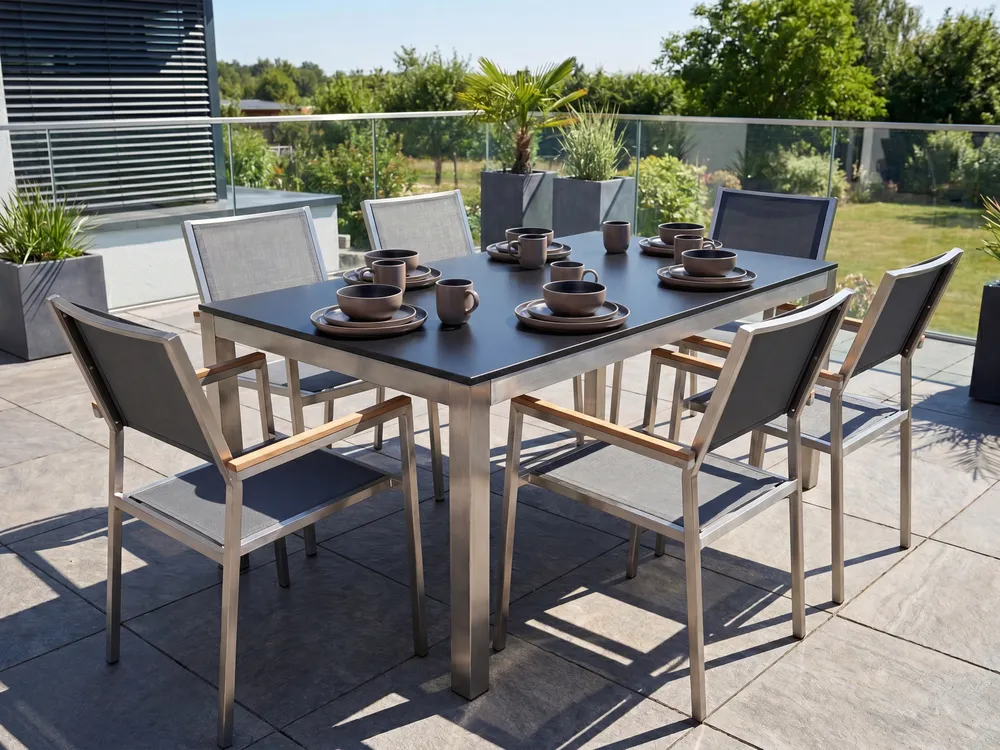 Gartenmöbel Set 6-Sitzer GROSSETO Sicherheitsglas Grau / Schwarz