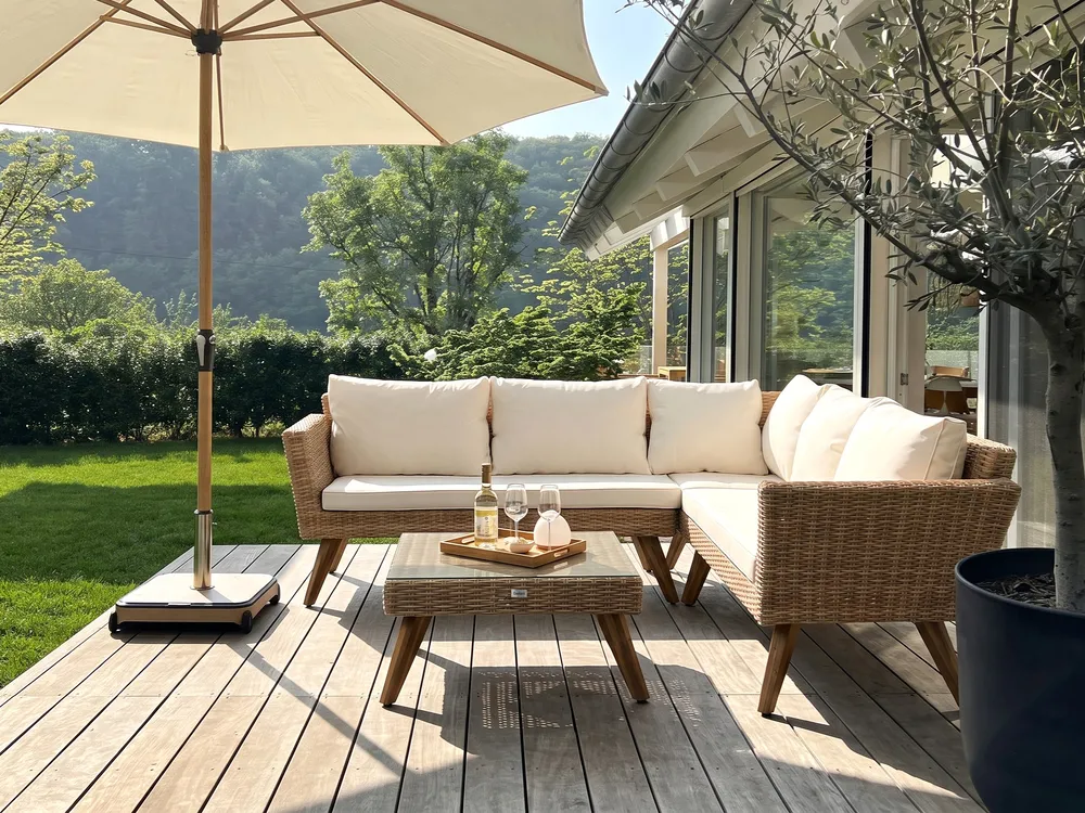 Garten Ecksofa mit Tisch 6-Sitzer VITTORIA Polyrattan Cremeweiß_1090669