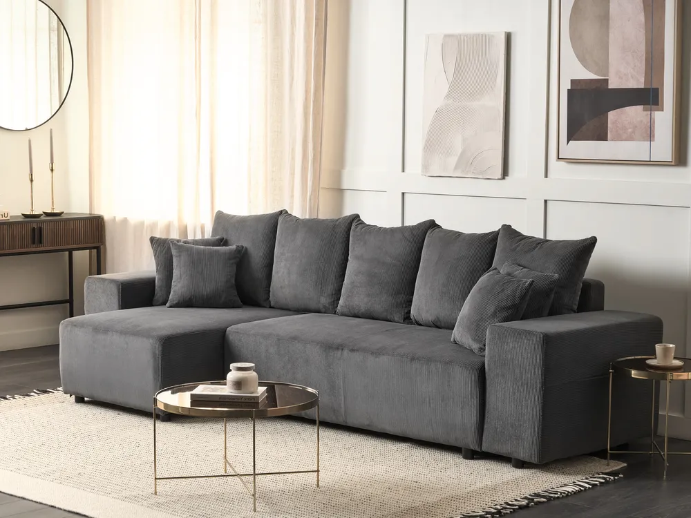 Eckschlafsofa 3-Sitzer LUSPA mit Stauraum Cord Dunkelgrau rechtsseitig