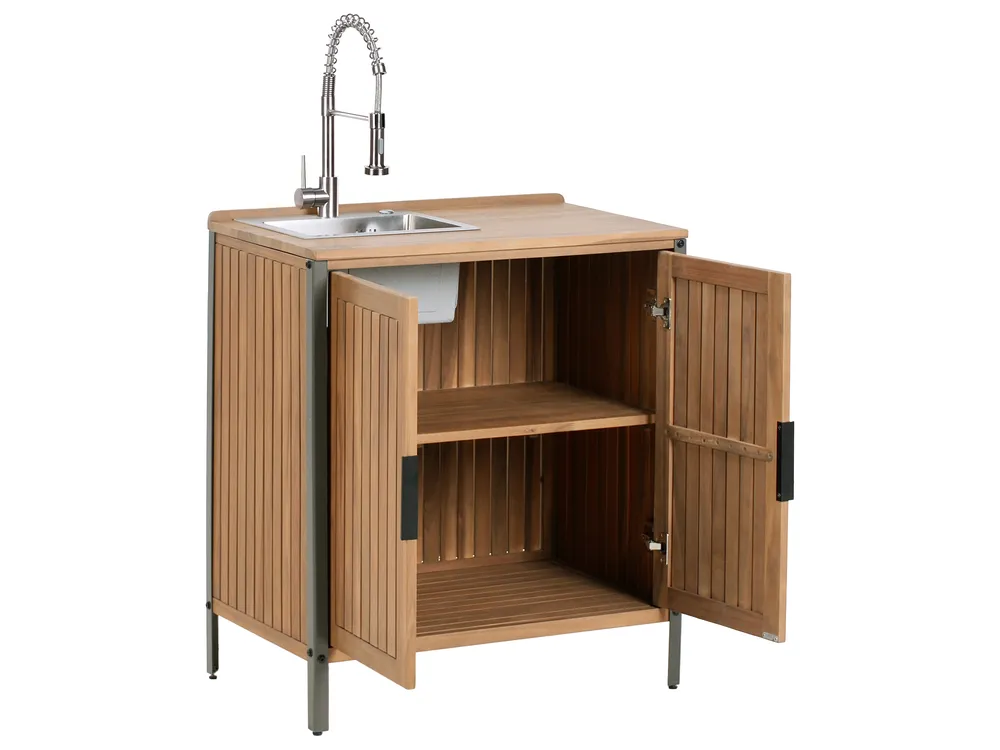 Outdoor-Küche 3er Set mit Spüle IVREA Braun / Silber zertifiziertes Akazienholz_988377