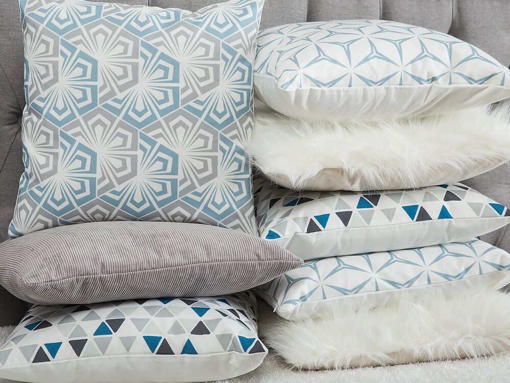 Set of 2 Decorative Cushions CLEOME 45 x 45 cm White Grey Blue Geometric Pattern