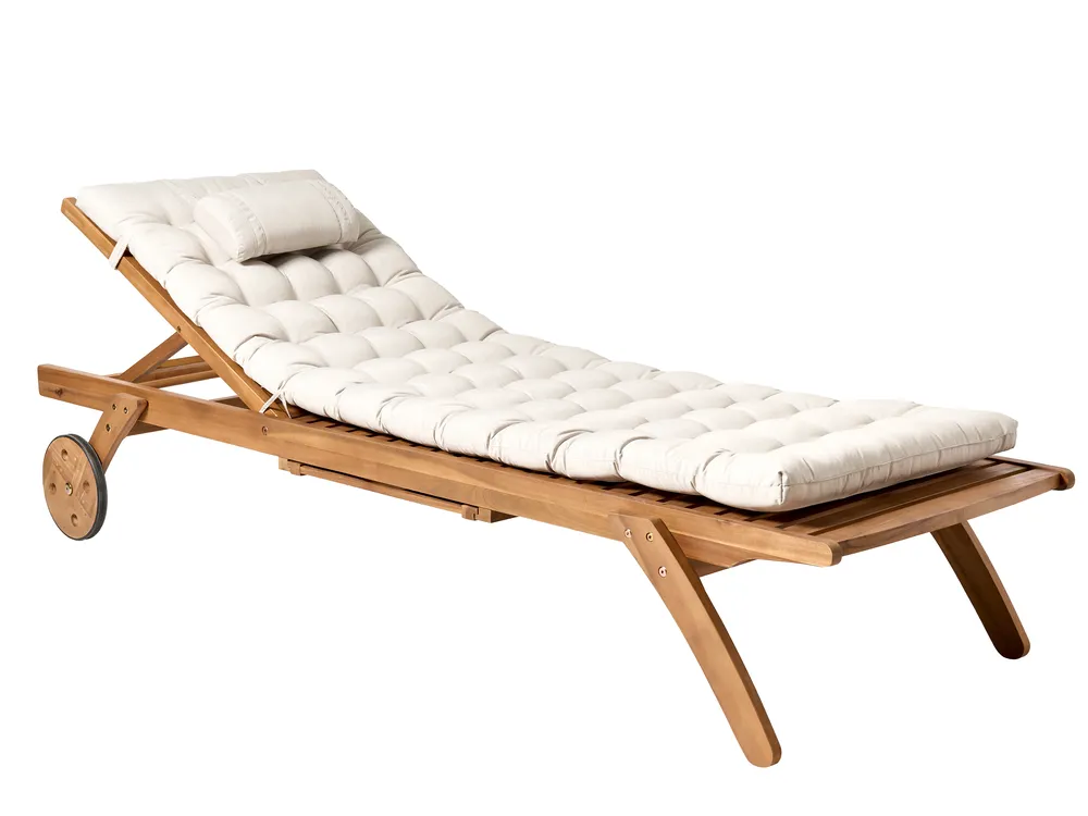 Sun Lounger with Cushion CESANA PREMIUM Reclining Acacia Wood Light Beige