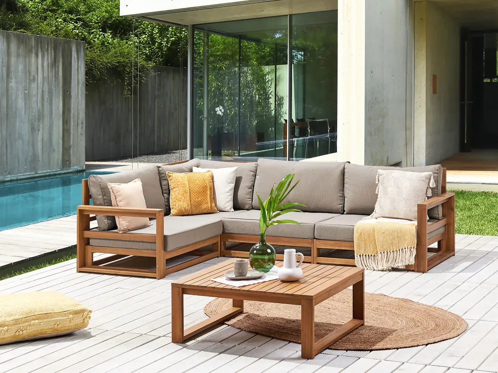 Garten Ecksofa mit Tisch 4-Sitzer TIMOR modular zertifiziertes Akazienholz Hellbraun rechtsseitig_837943