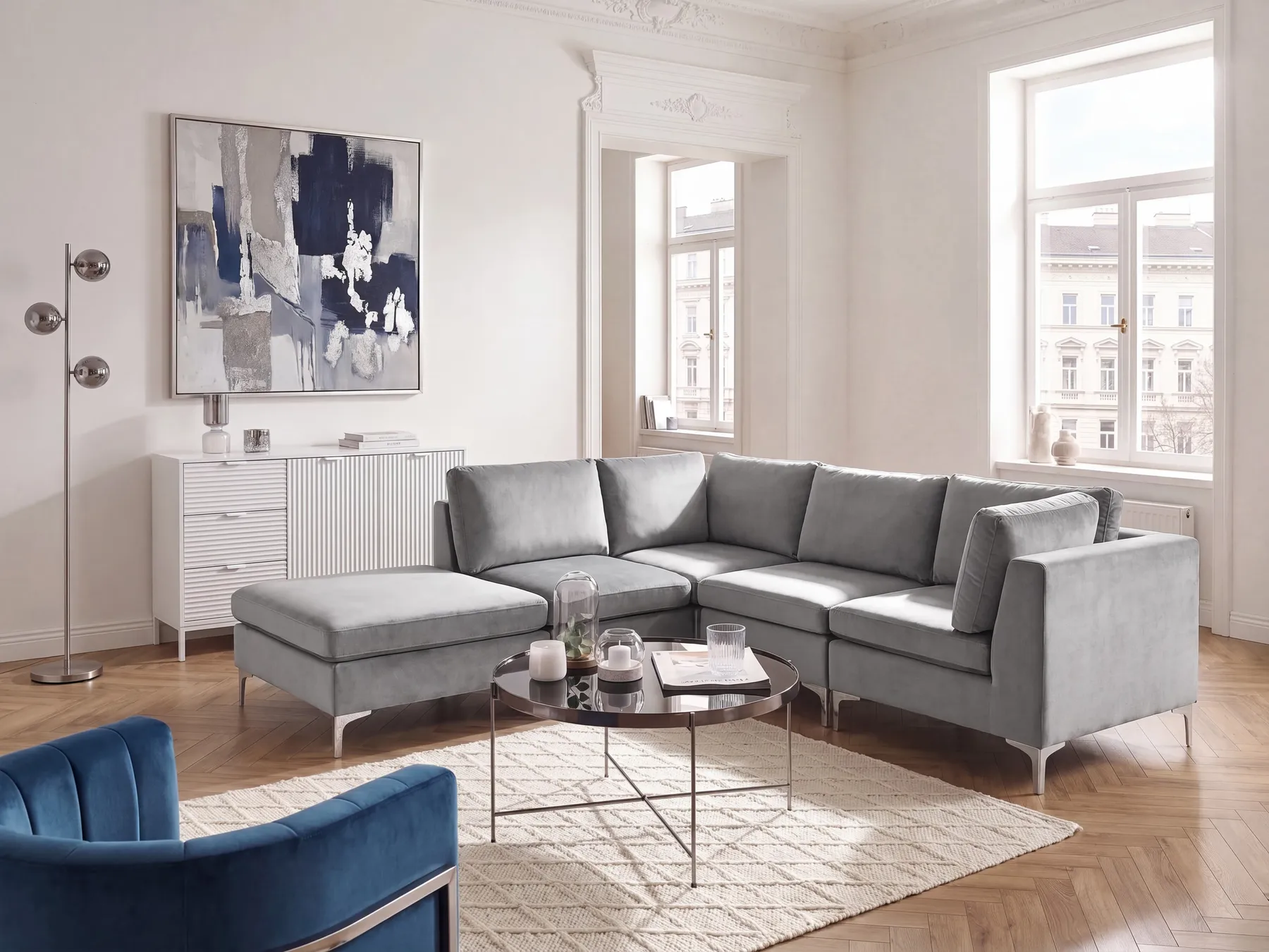 Modular Corner Sofa 4 Seater EVJA with Ottoman Velvet Grey Right Hand_789086
