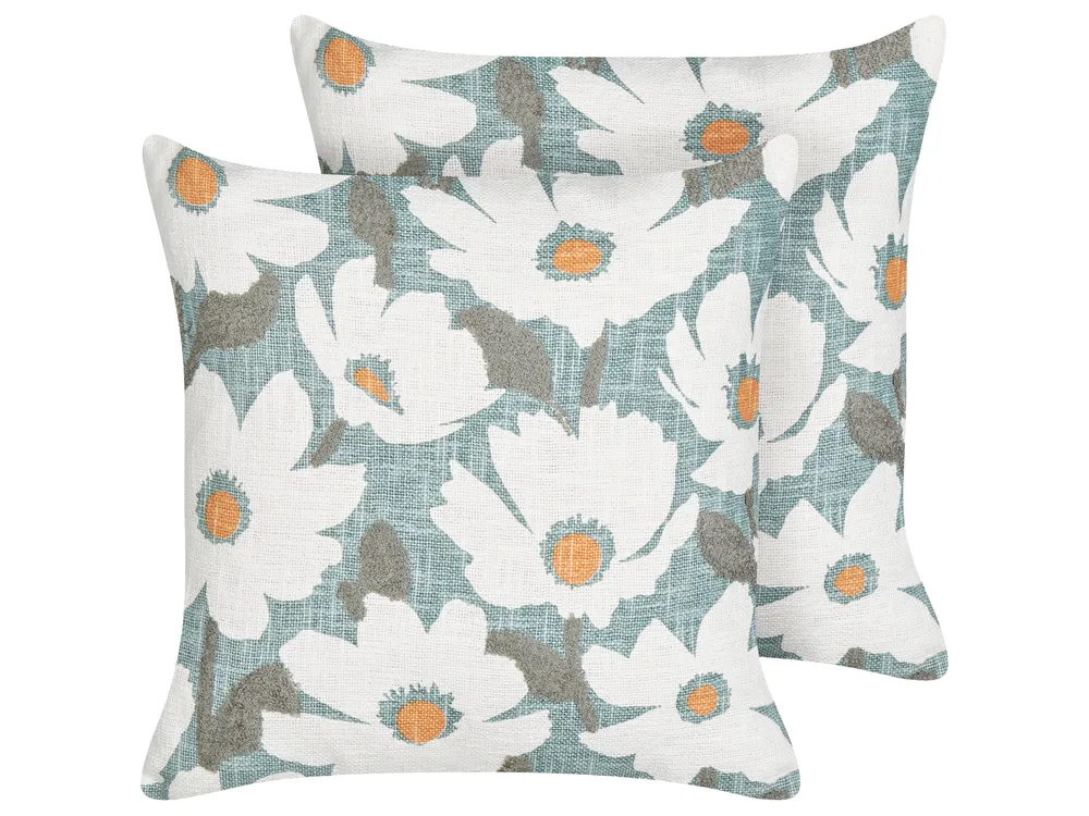 Dekokissen 2er Set JATROPHA 45 x 45 cm Baumwolle Hellblau Blumenmuster