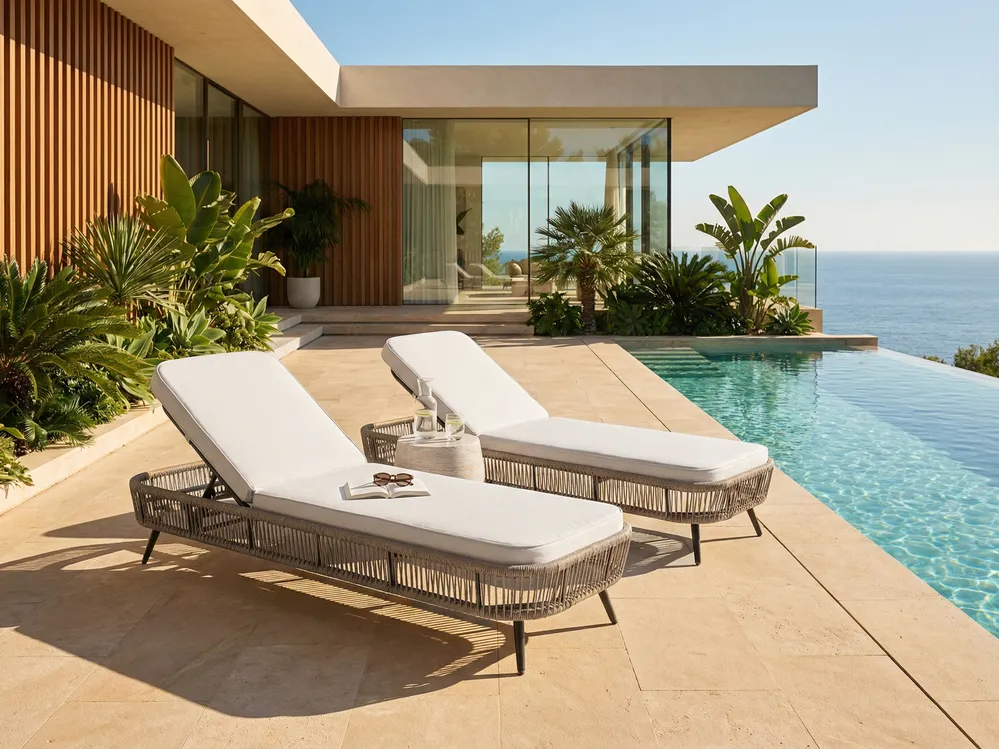 Sonnenliege mit Kissen ZERI Polyrattan Hellbeige