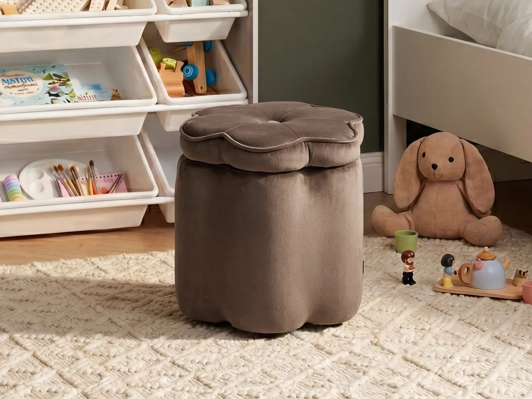 Kids Storage Pouffe FLOWER Flower Velvet Dark Brown_1081994