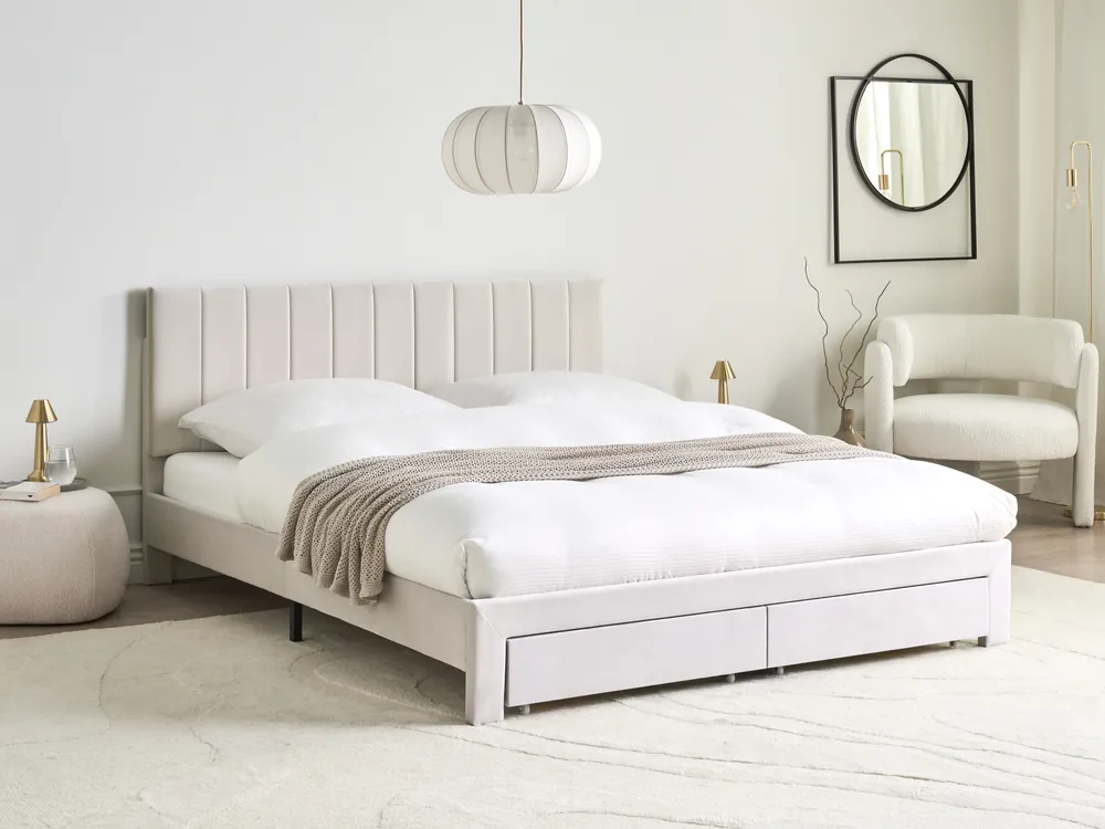 Bett mit Schubladen LONZAC Samtstoff Cremeweiß 160 x 200 cm_1014779