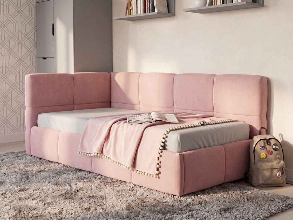 Daybed Fabric JACOU 90 x 200 cm (EU Single) with Storage Left Hand Pink