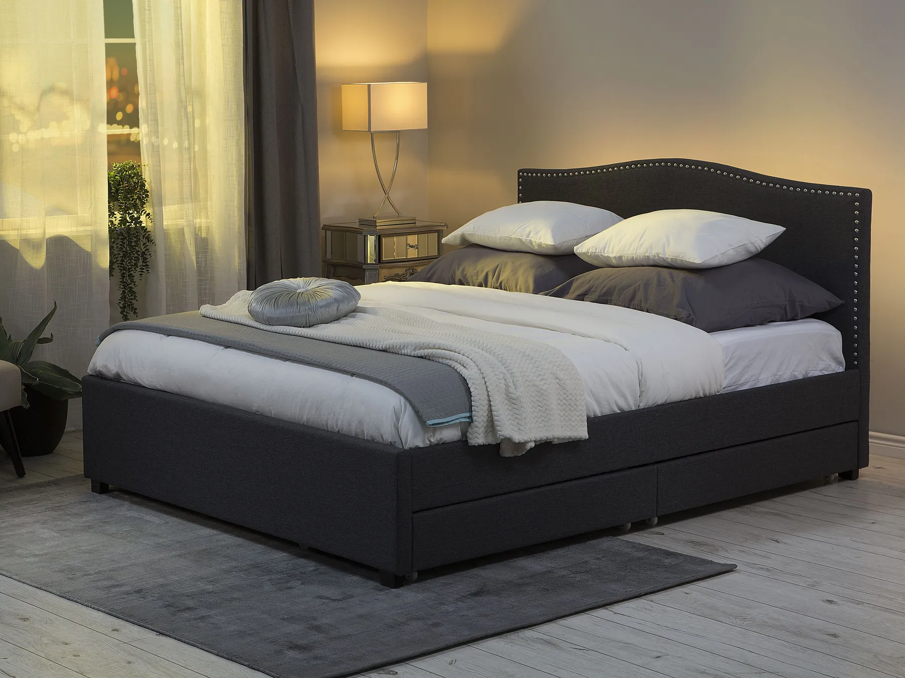 Bett mit Schubladen MONTPELLIER Stoff Dunkelgrau 160 x 200 cm LED_797801