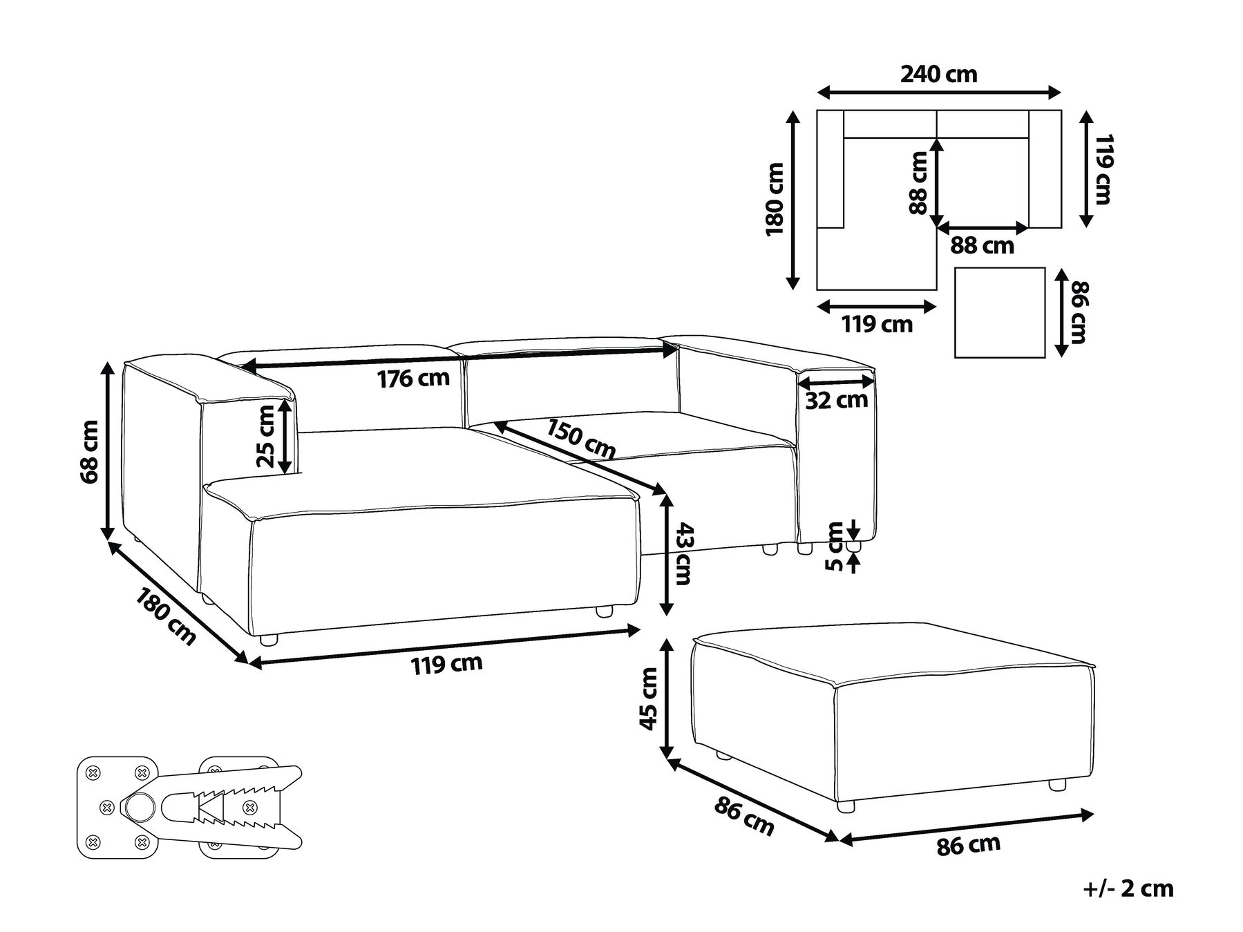 Modular Corner Sofa 3 Seater ARDAL with Ottoman Corduroy Dark Blue Right Hand_1008815