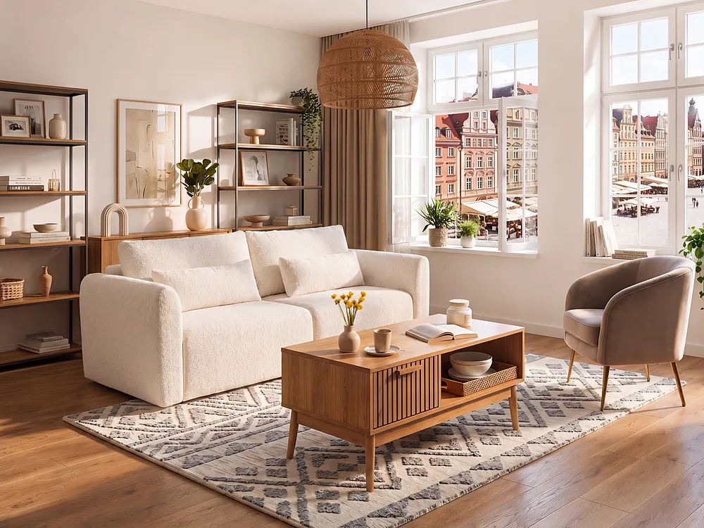 Sofa Bed 3 Seater VAXHOLM with Storage Boucle Light Beige_1156493