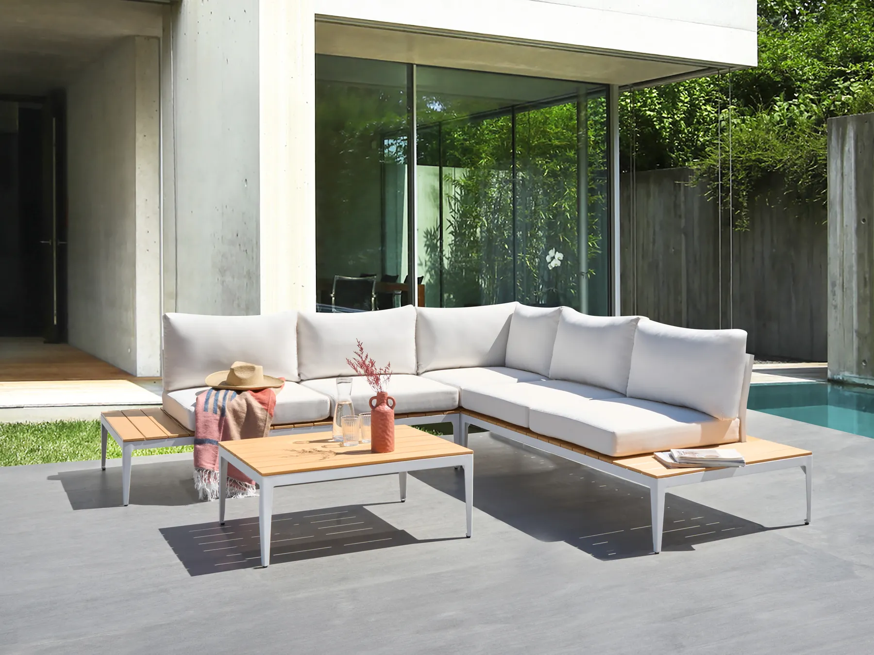 Garten Ecksofa mit Tisch 5-Sitzer POSITANO Cremeweiß_998791