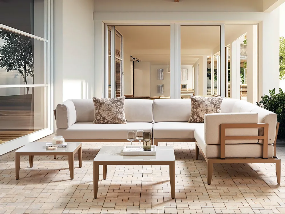 Garten Ecksofa mit Tisch 6-Sitzer RIMA III modular Metall Hellbeige linksseitig_917648