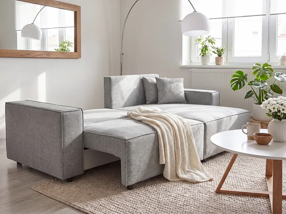 Eckschlafsofa KARILA mit Stauraum Stoff Grau linksseitig_1154544