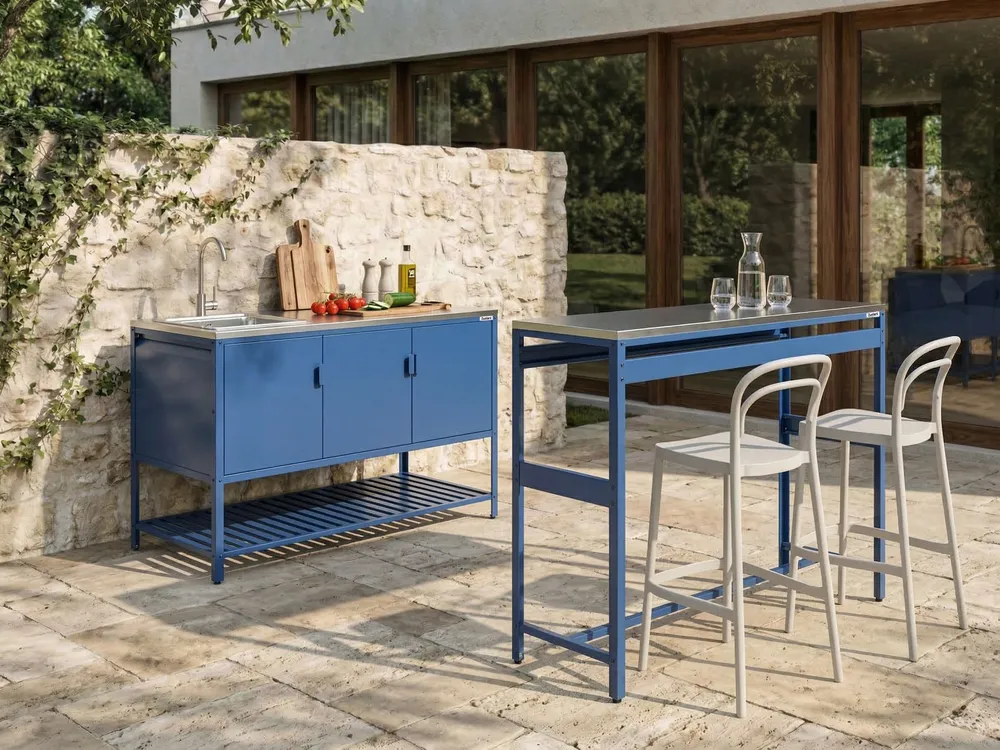 Outdoor-Küche 2er Set mit Spüle MAENZA Blau Metall