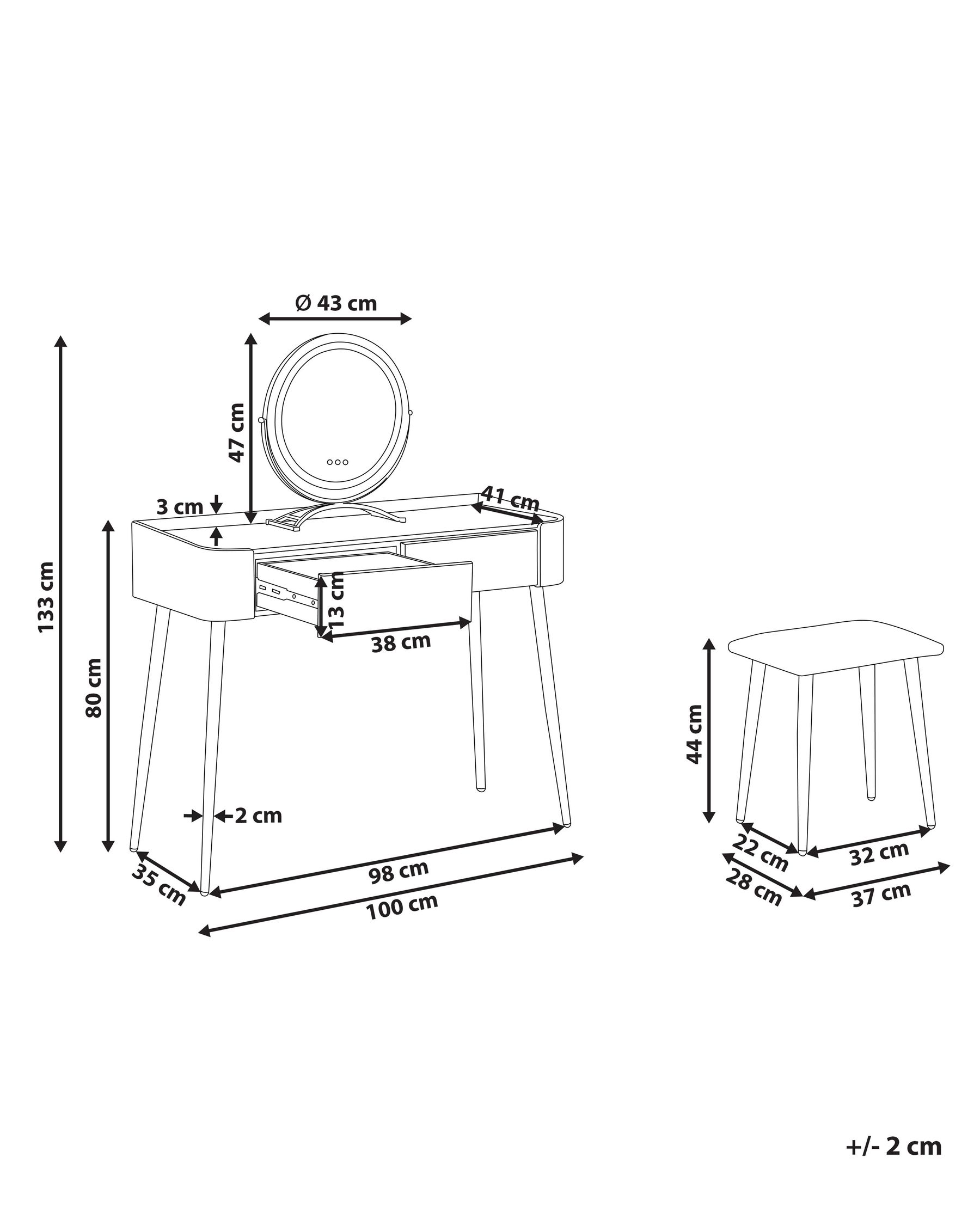 Schminktisch mit Spiegel und Hocker SURIN LED Grau_845552