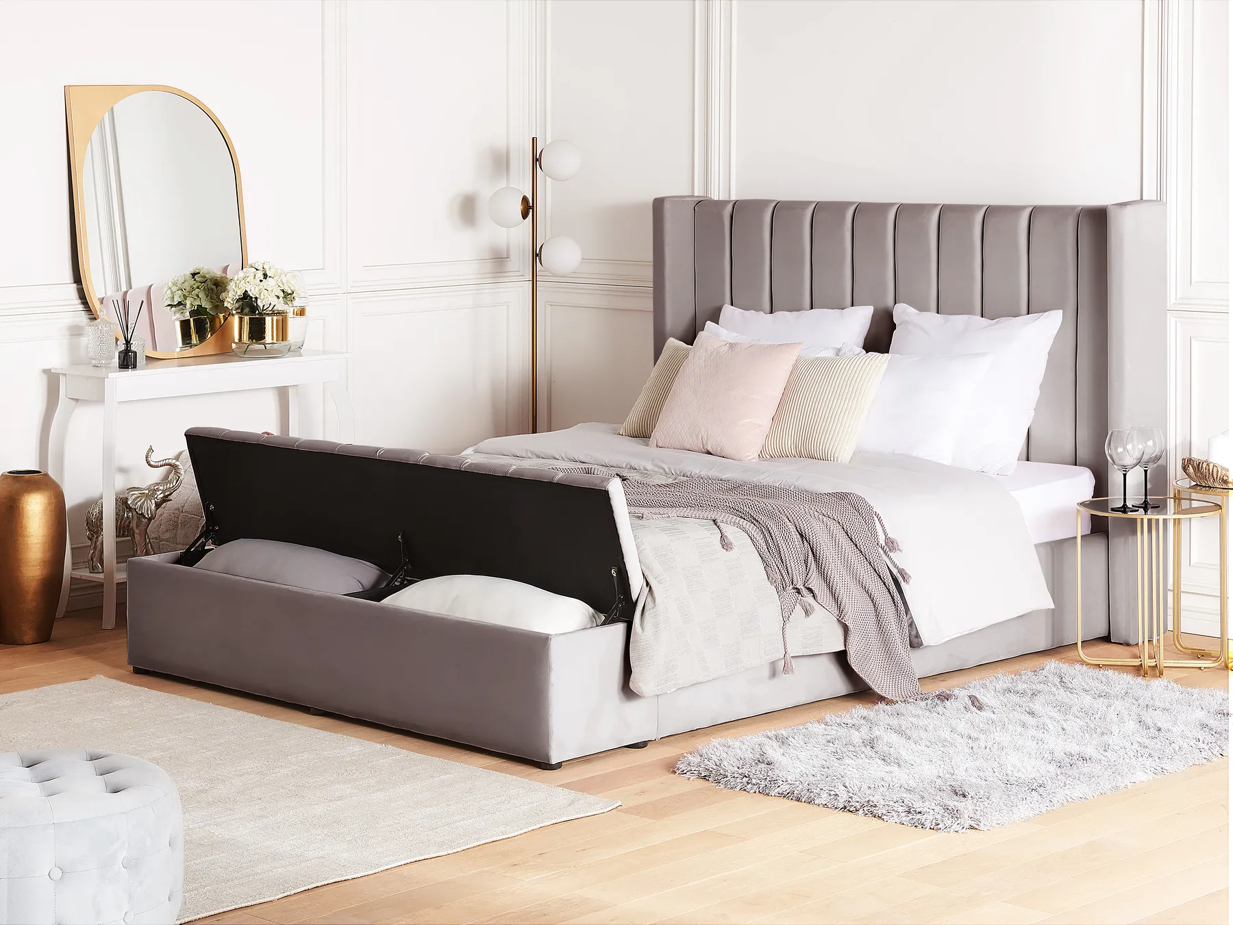 Bett mit Stauraumbank NOYERS Samtstoff Grau 140 x 200 cm_920478