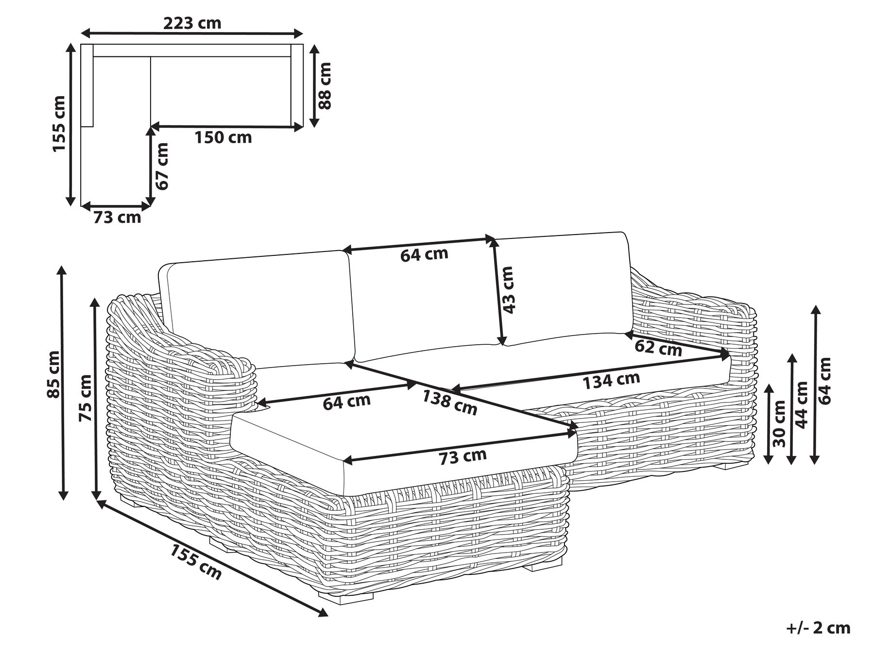 Garten Ecksofa 3-Sitzer VALLETRI Rattan Grau rechtsseitig_967871