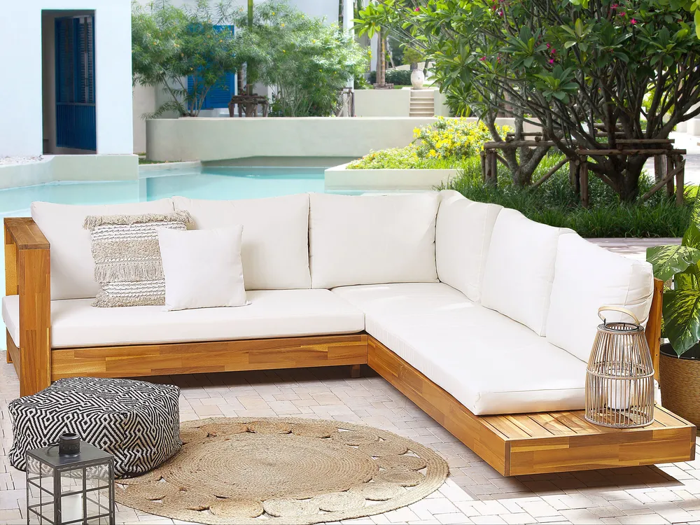 Garten Ecksofa 5-Sitzer MARETTIMO zertifiziertes Akazienholz Cremeweiß rechtsseitig