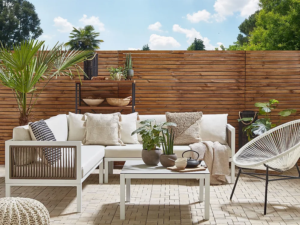 Garden Corner Sofa with Table 4 Seater BORELLO Metal Beige Left Hand_1172769