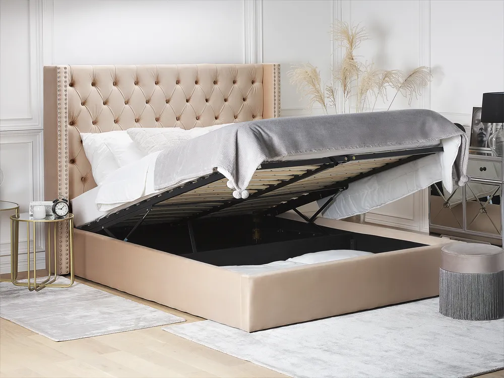 Bett mit Stauraum LUBBON Samtstoff Beige 160 x 200 cm_772943