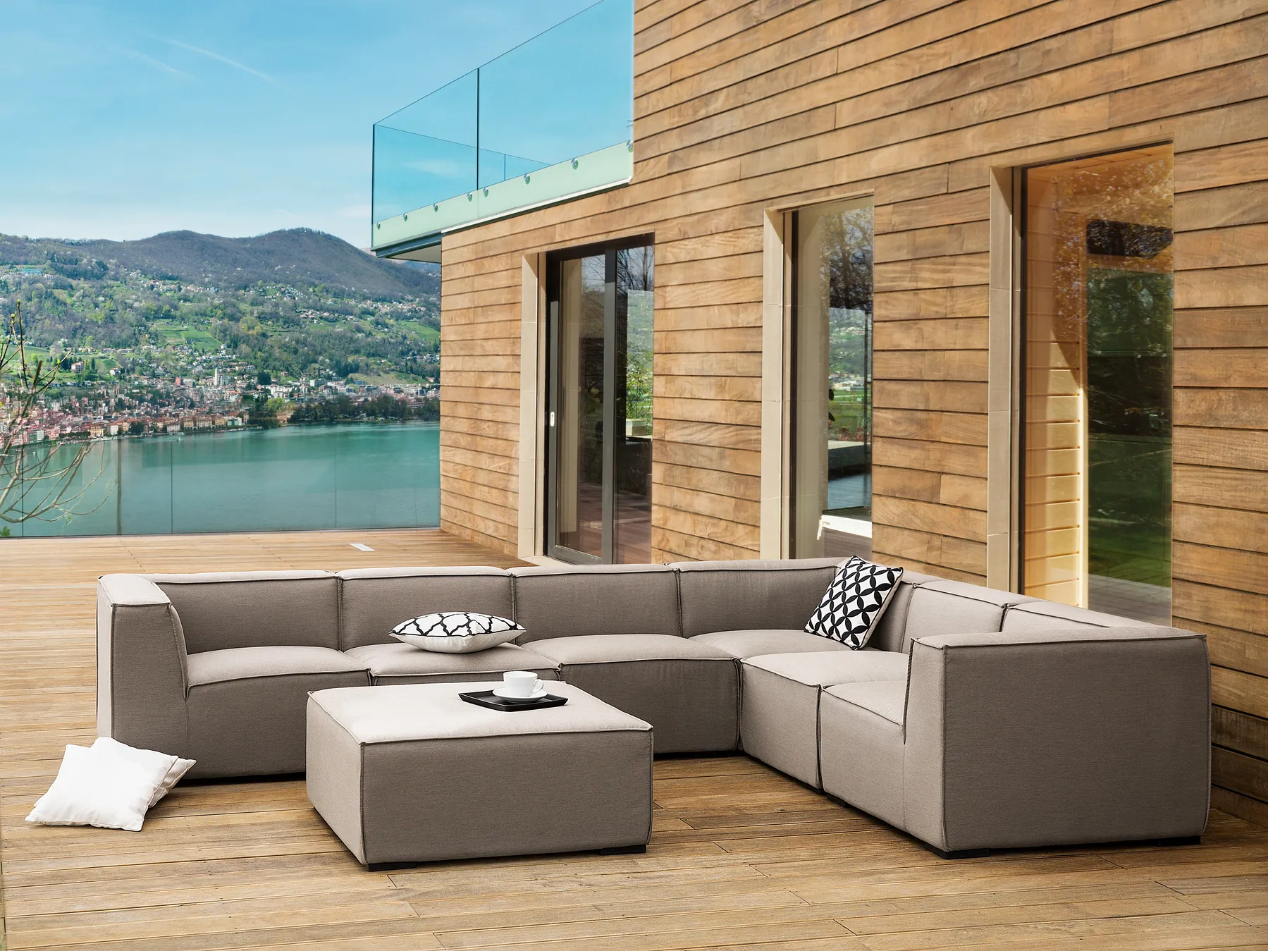 Garden Corner Sofa with Ottoman 7 Seater AREZZO Modular Beige Left Hand_778101