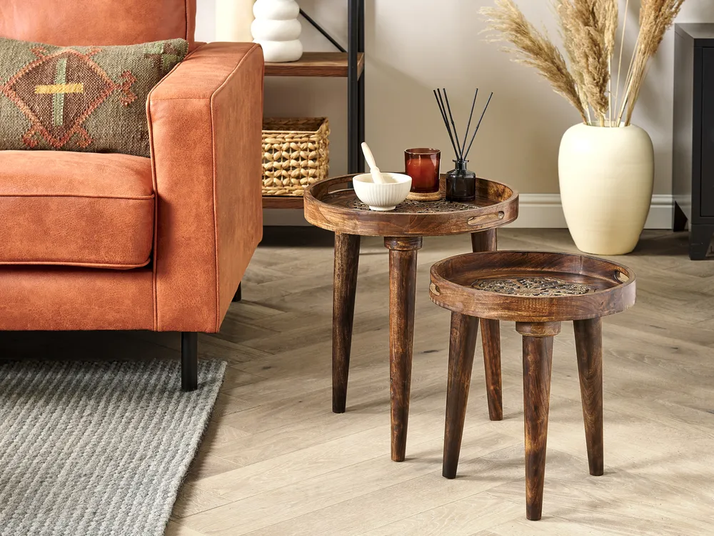 Set of 2 Side Tables ASTAI Mango Wood Dark Brown