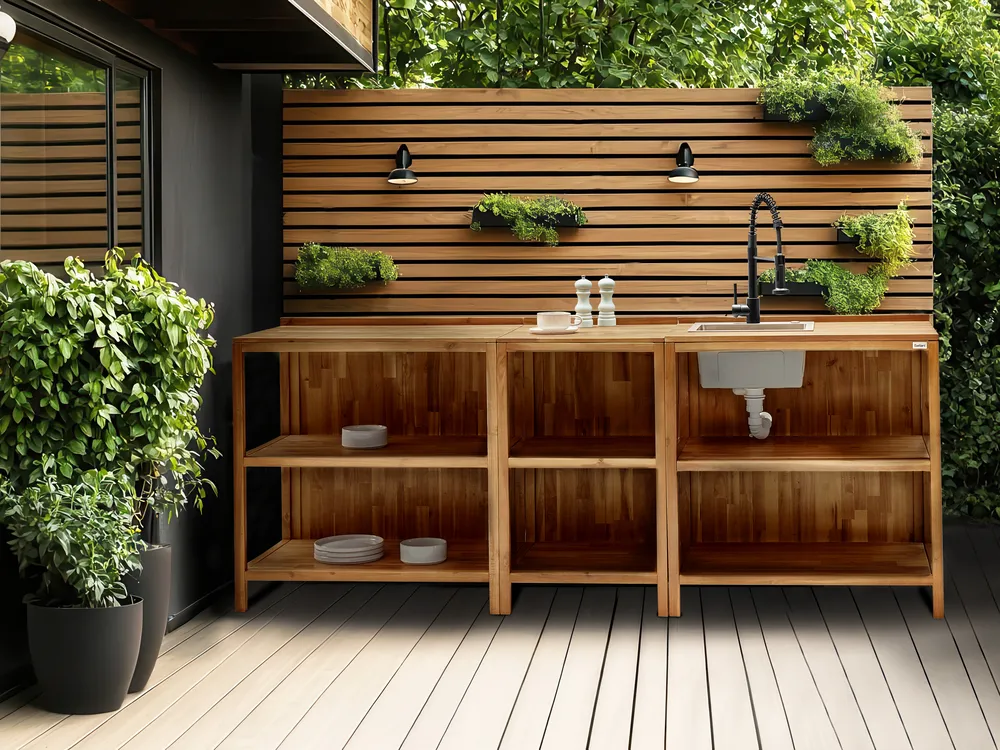 Outdoor-Küche 3er Set mit Spüle VENOSA Braun / Schwarz Akazienholz