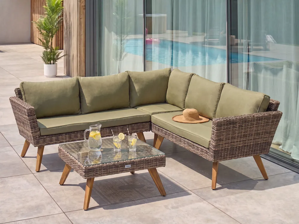 Garden Corner Sofa with Table 6 Seater VITTORIA PE Rattan Olive Green_1124441