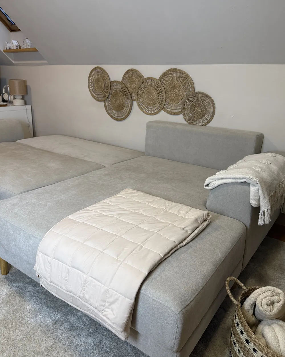 Eckschlafsofa 3-Sitzer NUBORG Chenillegewebe Hellbeige linksseitig_1047206