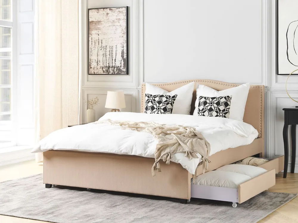 Bett mit Schubladen MONTPELLIER Stoff Beige 160 x 200 cm