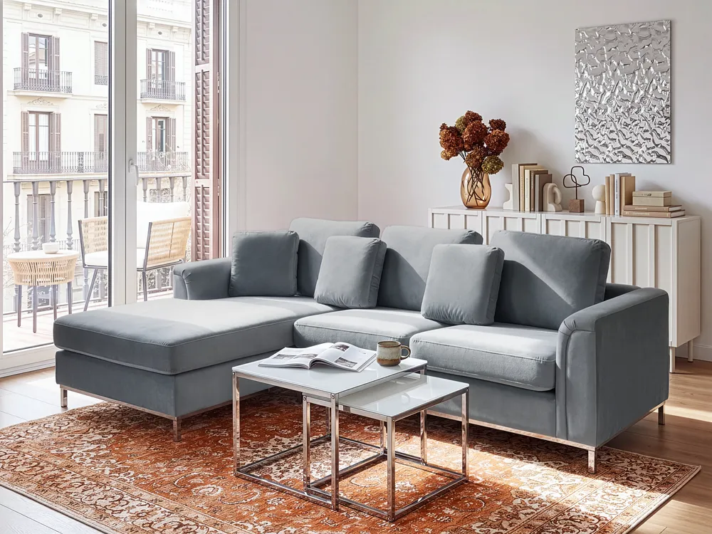 Ecksofa 4-Sitzer OSLO Samtstoff Grau rechtsseitig