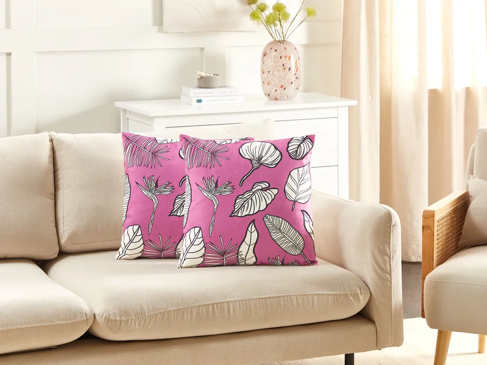 Dekokissen 2er Set MALVA 45 x 45 cm Samtstoff Rosa Blumenmuster_1079853