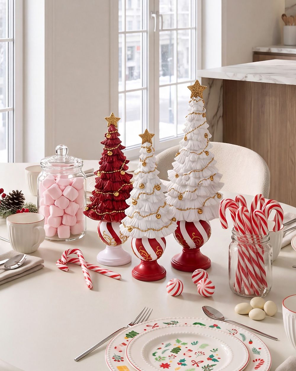 Weihnachtsdekoration 3er Set HITIS 32/32/40 cm Weihnachtsbaum Rot / Weiß
