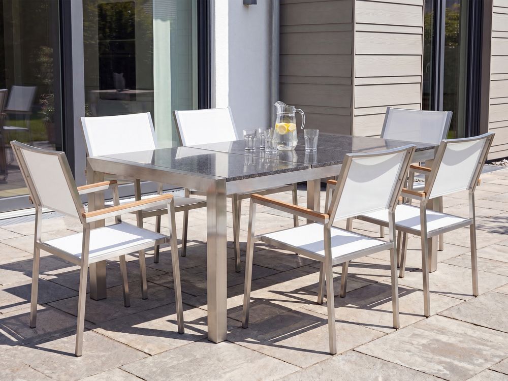Garden Dining Set 6 Seater GROSSETO Triple Plate Granite Polished Grey/ White