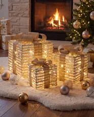 Weihnachtsdekoration 3er Set LED MOSSO 20/25/30 cm Weihnachtsgeschenke Beige_1025295
